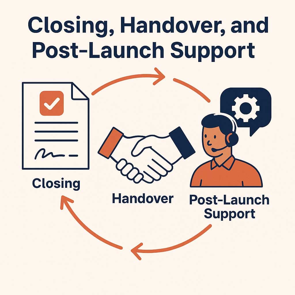 Closing, handover and post-launch support shown as a cycle of document, handshake and support agent