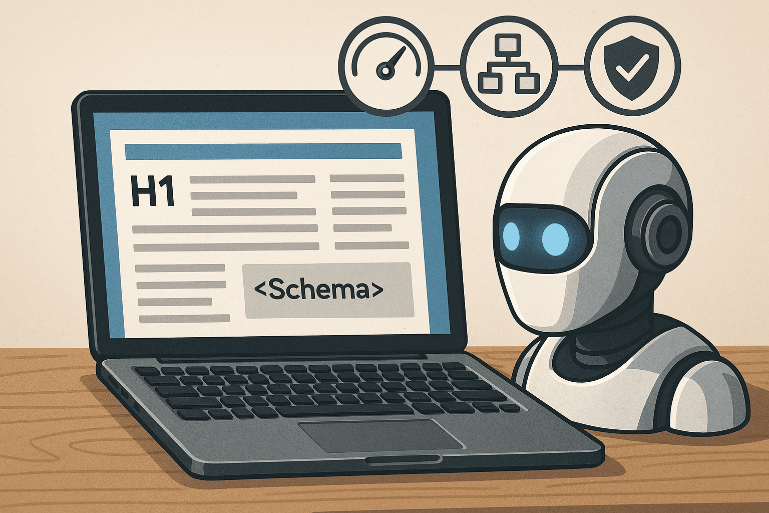 A robot looks at a laptop page with an H1 and schema markup, under icons for speed, structure and security