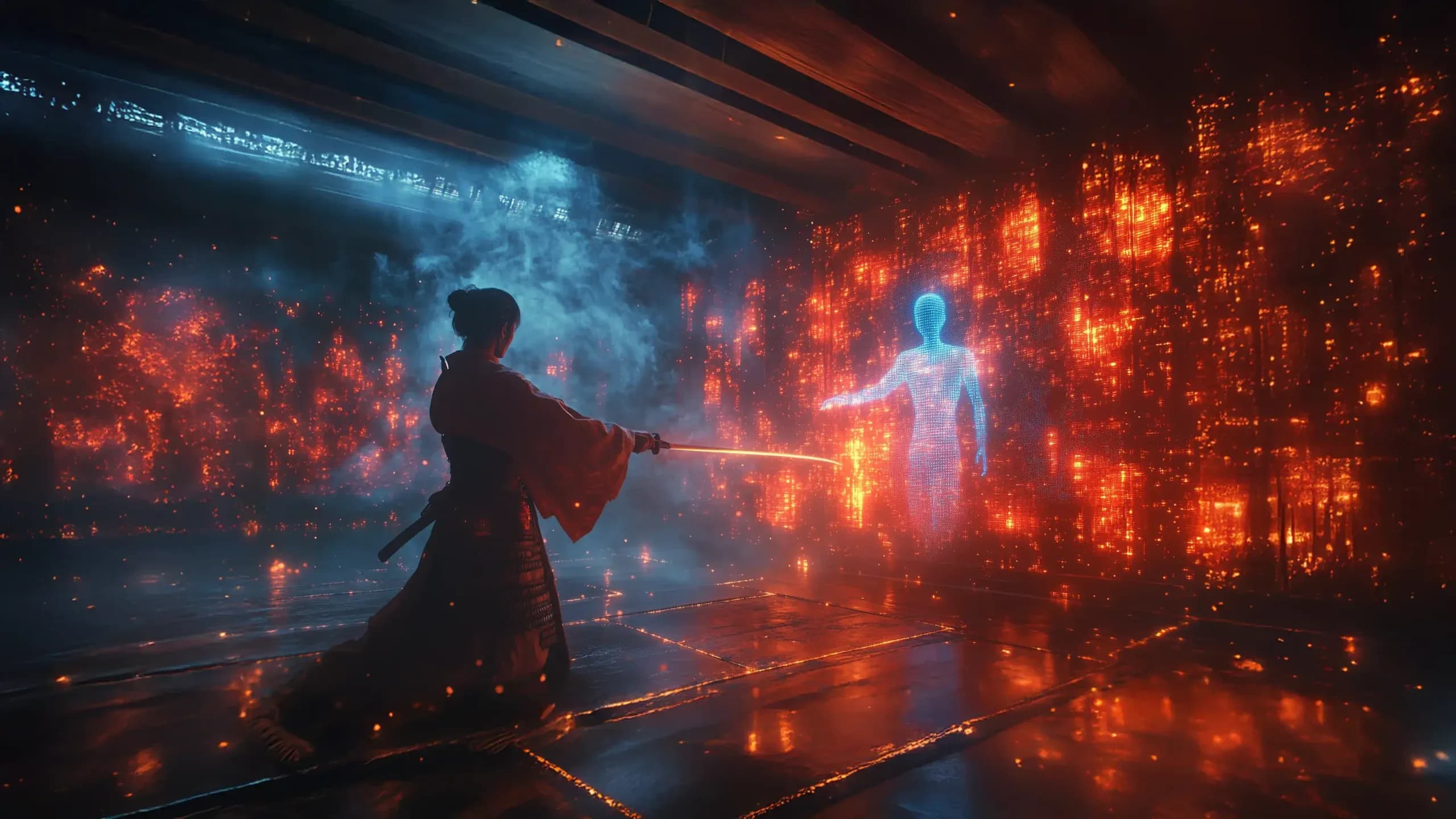 A swordsman faces a glowing digital figure in a corridor of red data lights