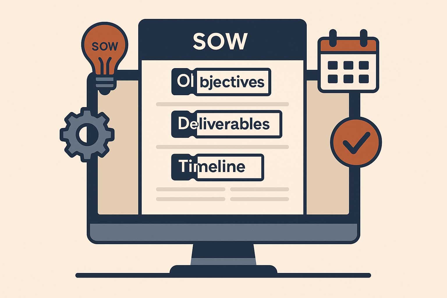 A statement of work on screen listing objectives, deliverables and timeline