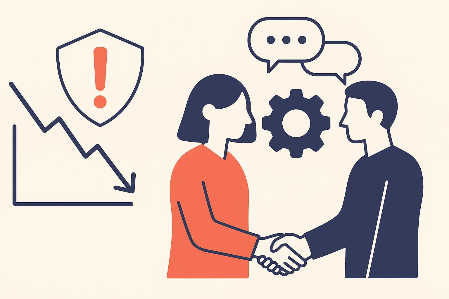 Two people shake hands next to a falling chart and a warning shield: risk management and stakeholder alignment