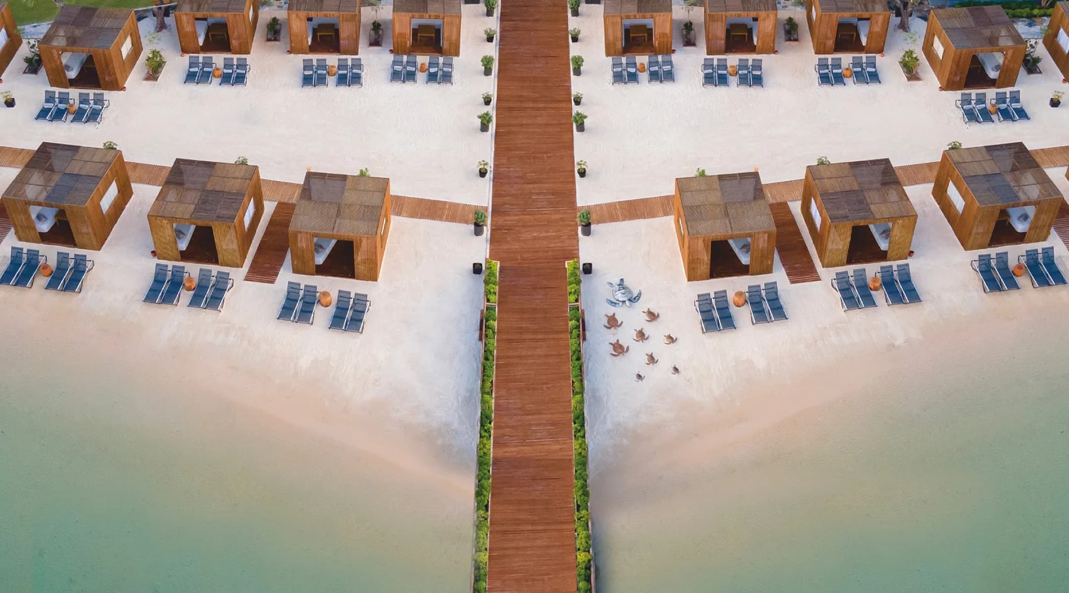 Aerial view of the Vogue Hotel Supreme beach and pier in Bodrum