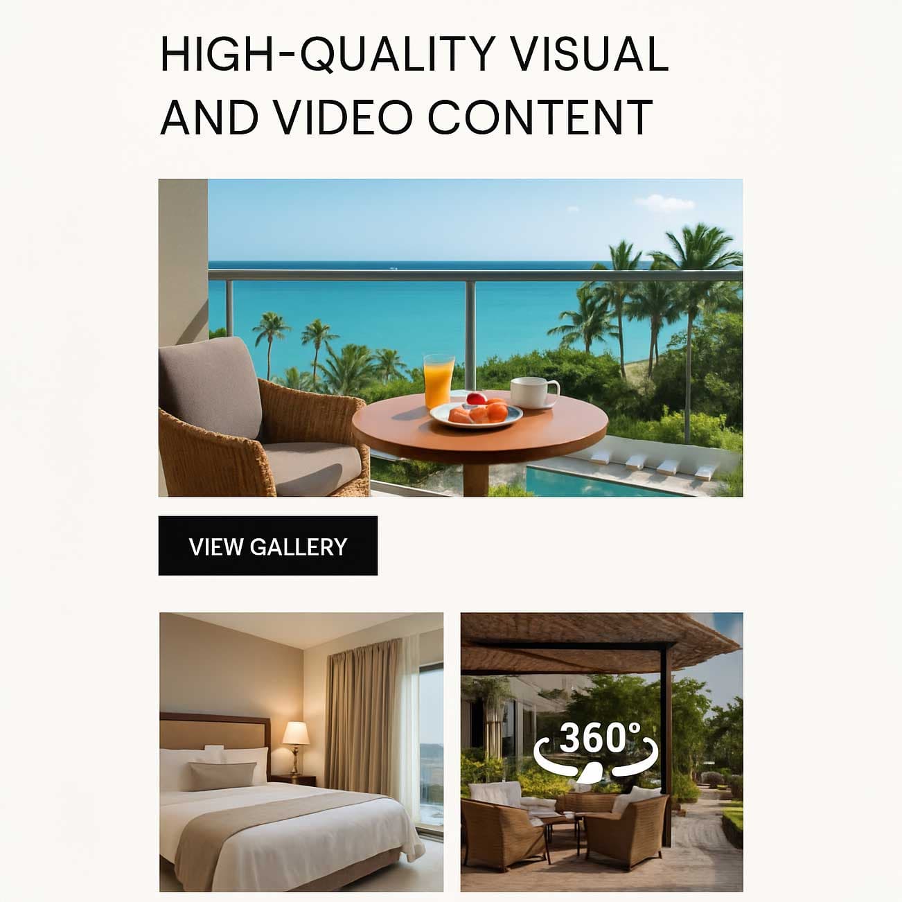 A hotel website section with a sea-view balcony photo, a gallery button and a 360° room view