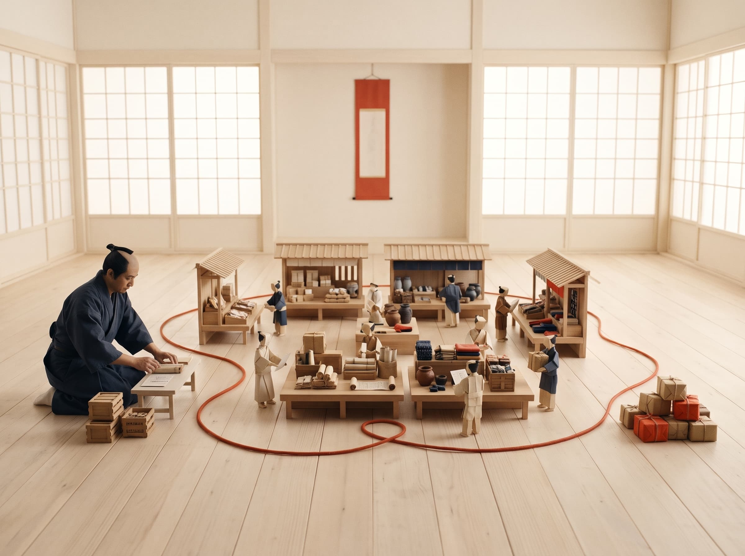 A man arranging a miniature wooden market of stalls and figures, joined by a red cord to stacks of parcels