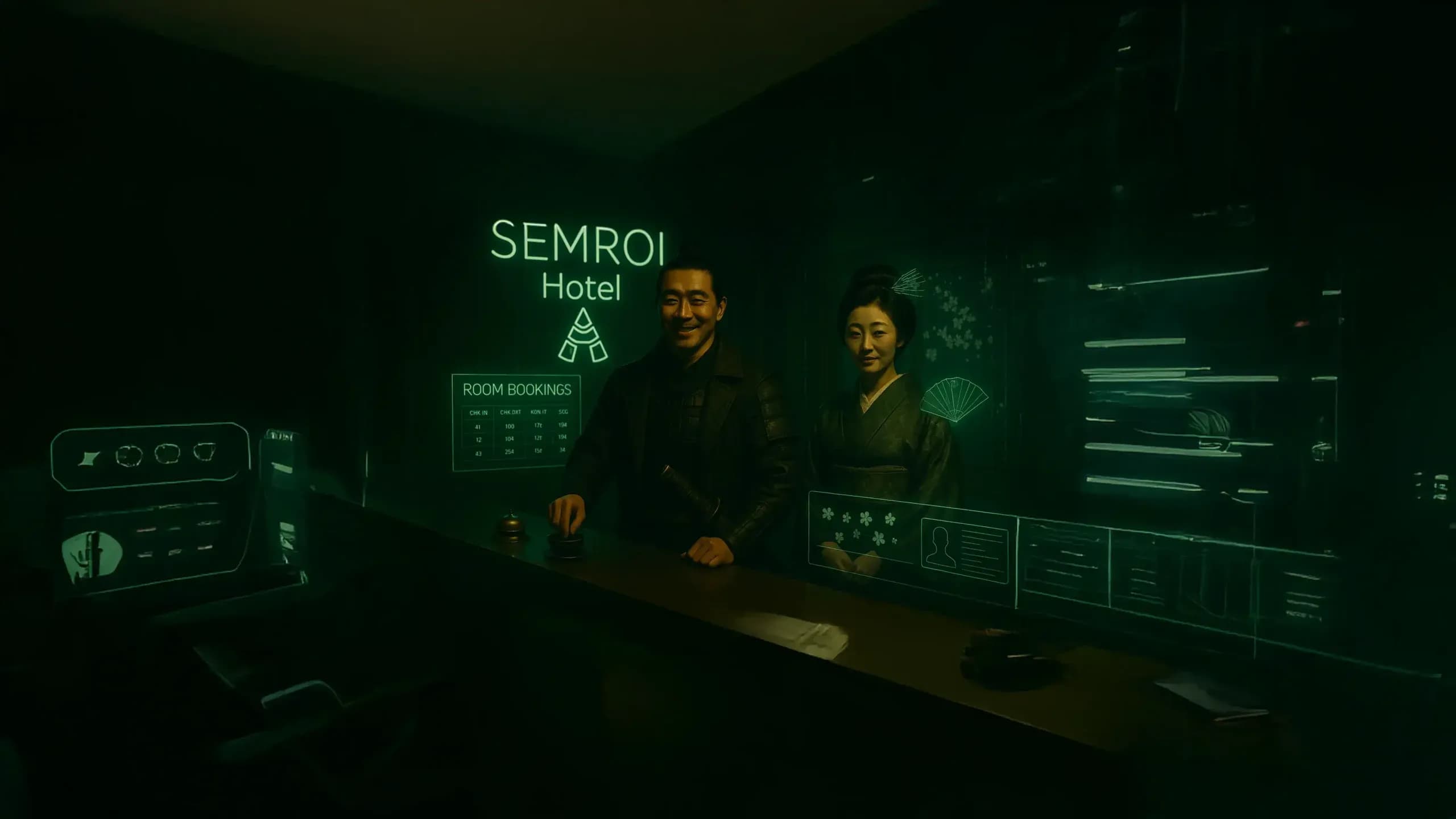 Two hotel staff at a reception desk surrounded by holographic AI booking screens