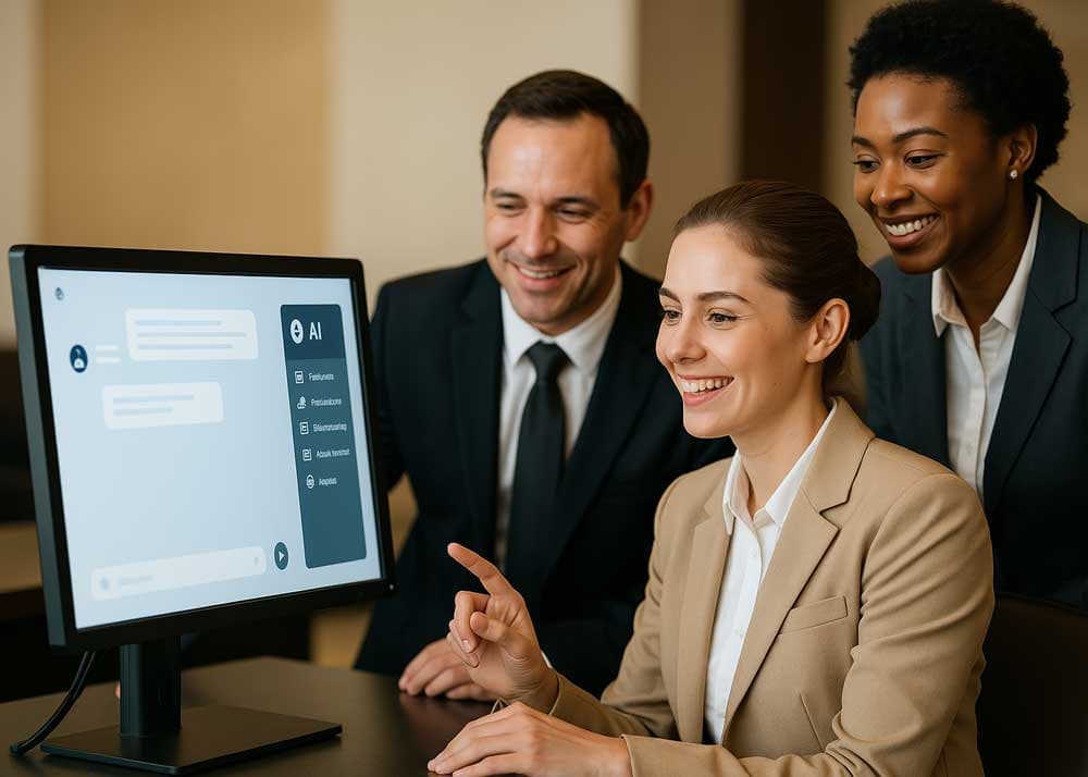 Three hotel staff smile at an AI assistant on a computer screen