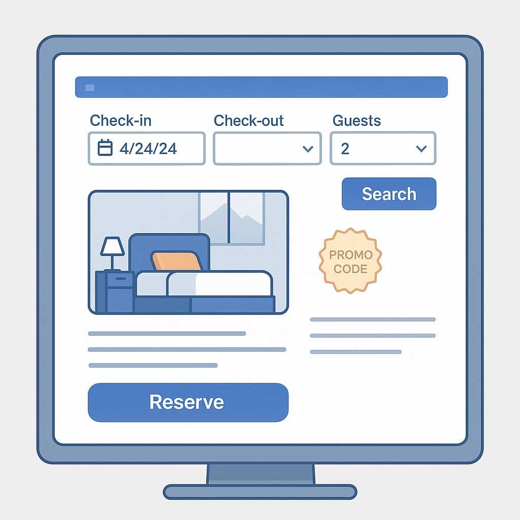A hotel booking screen with date and guest fields, a promo code badge and a Reserve button
