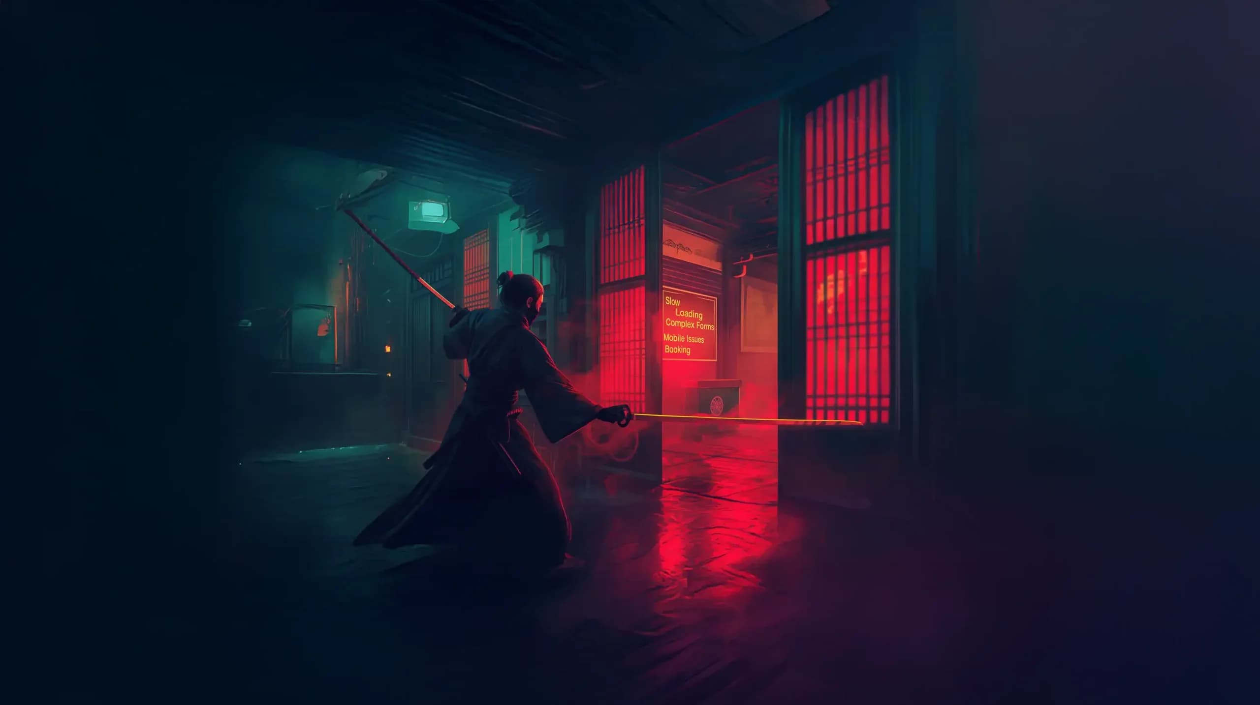 A samurai with a glowing blade strikes in a dark corridor lit by red screens