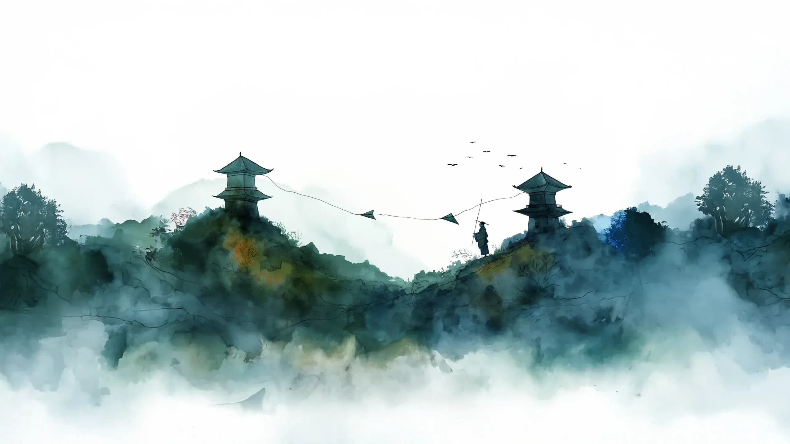 Ink-wash landscape: a figure crosses a rope bridge between two pagodas on separate hills
