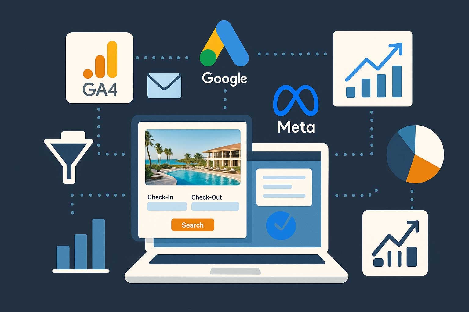 A hotel booking site on a laptop connected to GA4, Google Ads, Meta and analytics charts