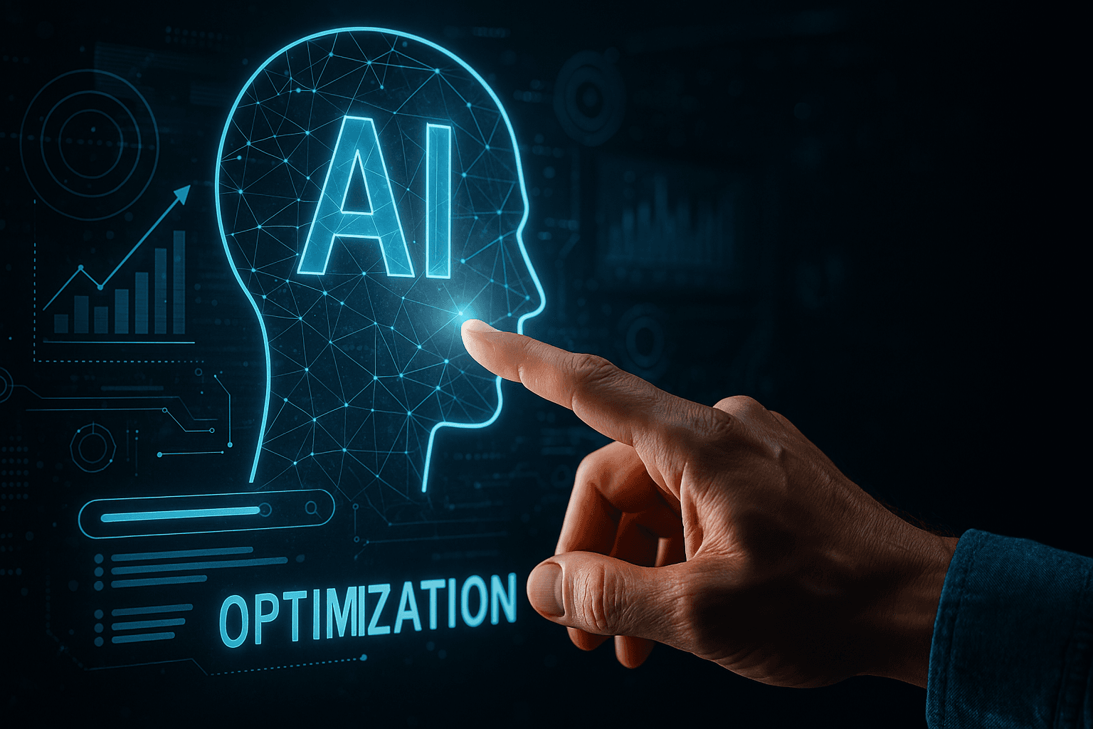 A finger touches a glowing AI head outline above the word “Optimization”