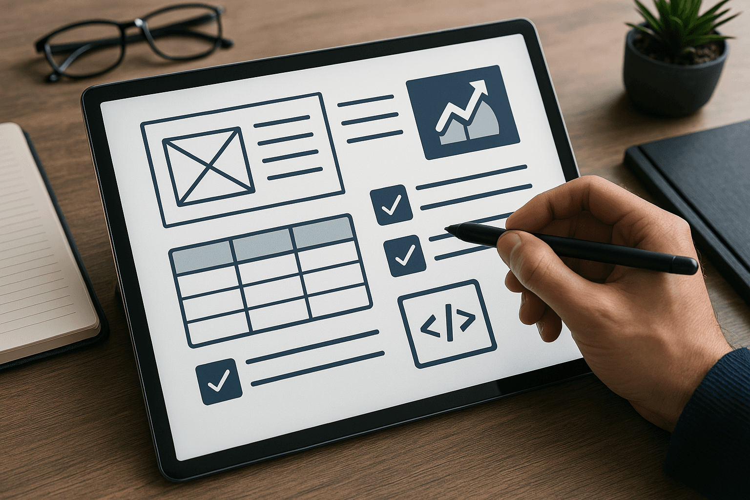 A hand sketches a page layout with headings, a table and checklists on a tablet