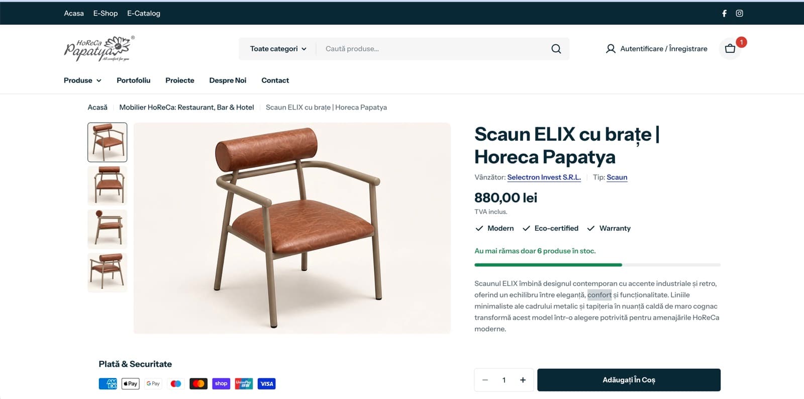 A product page of the new Horeca Papatya Shopify store