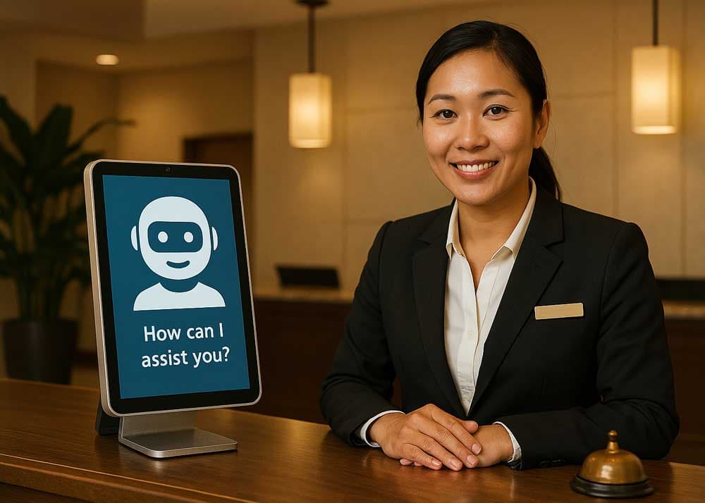 A receptionist smiles beside a tablet whose AI assistant asks “How can I assist you?”