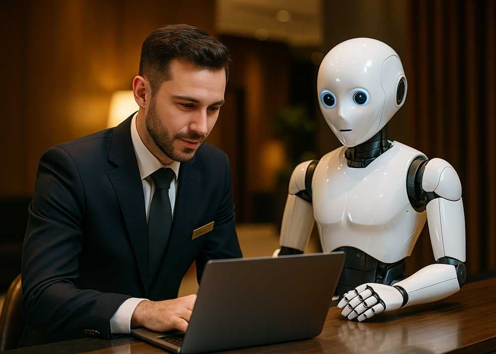 A hotel manager works on a laptop next to a humanoid robot at a desk