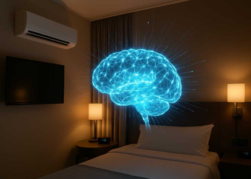 A glowing digital brain floats above the bed in a hotel room