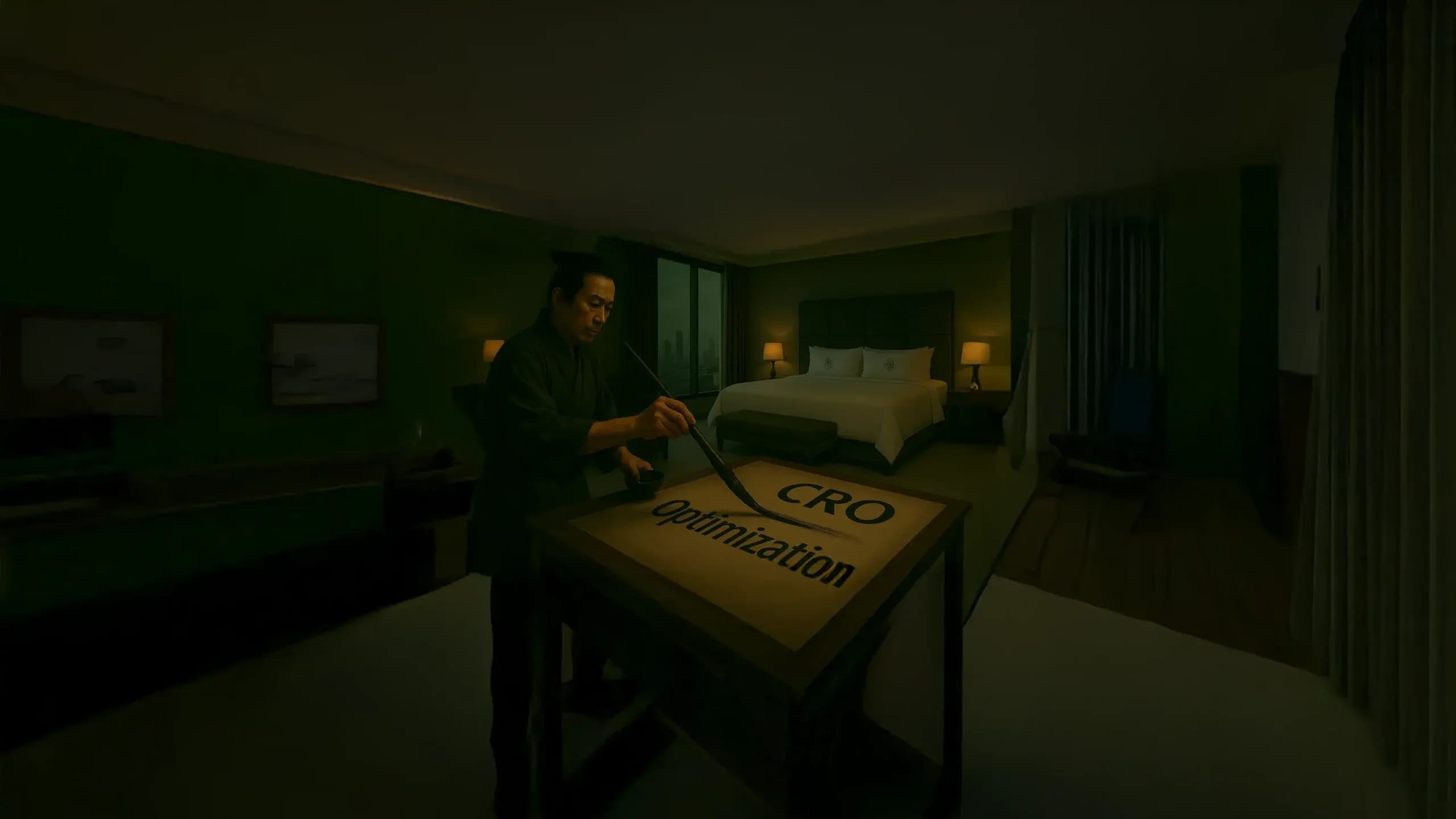 Loş bir otel odasında masada “CRO Optimization” yazan bir hattat