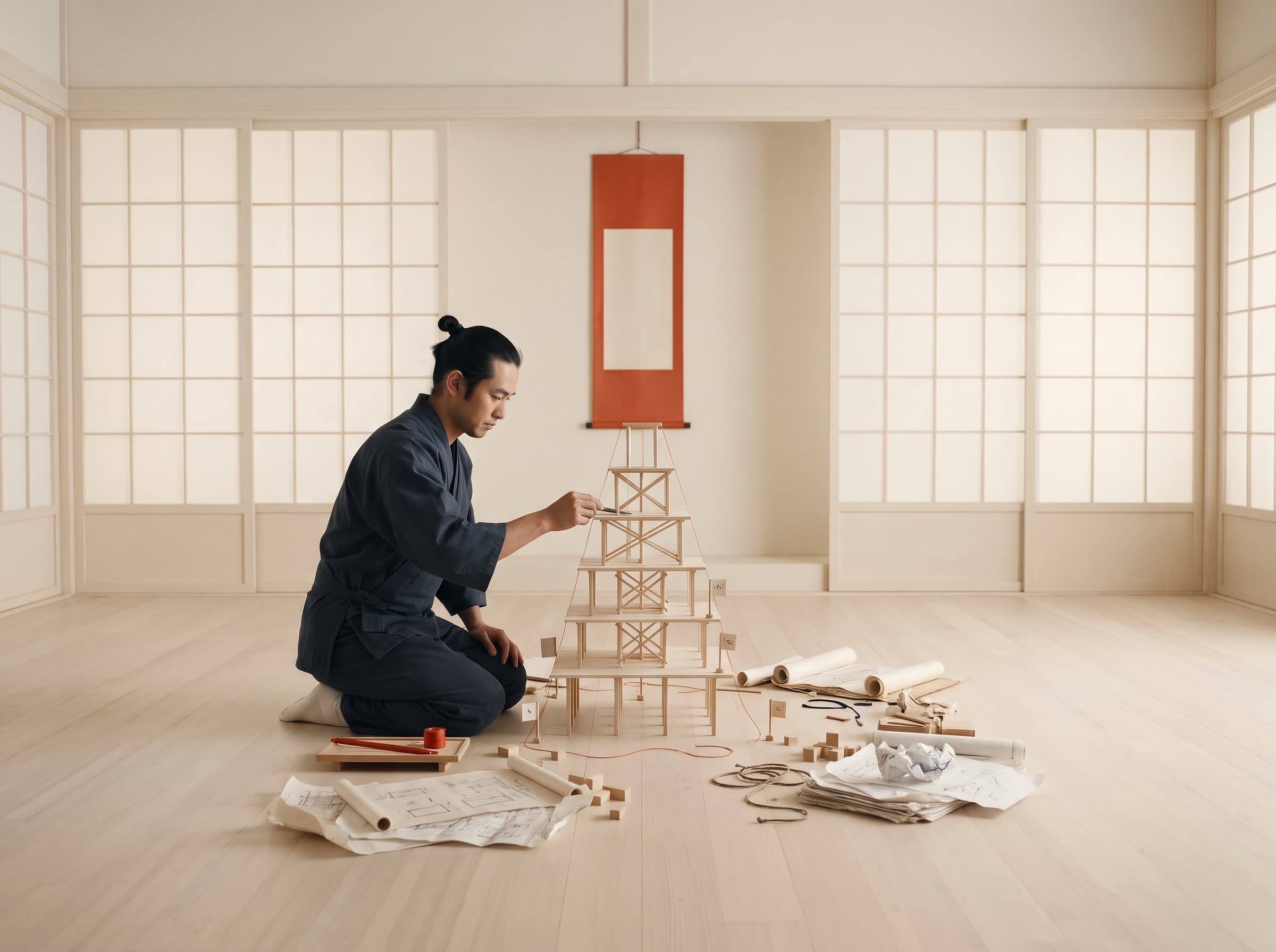 A man kneeling in a bright, empty room, building a wooden tower model step by step, with plans and tools around him