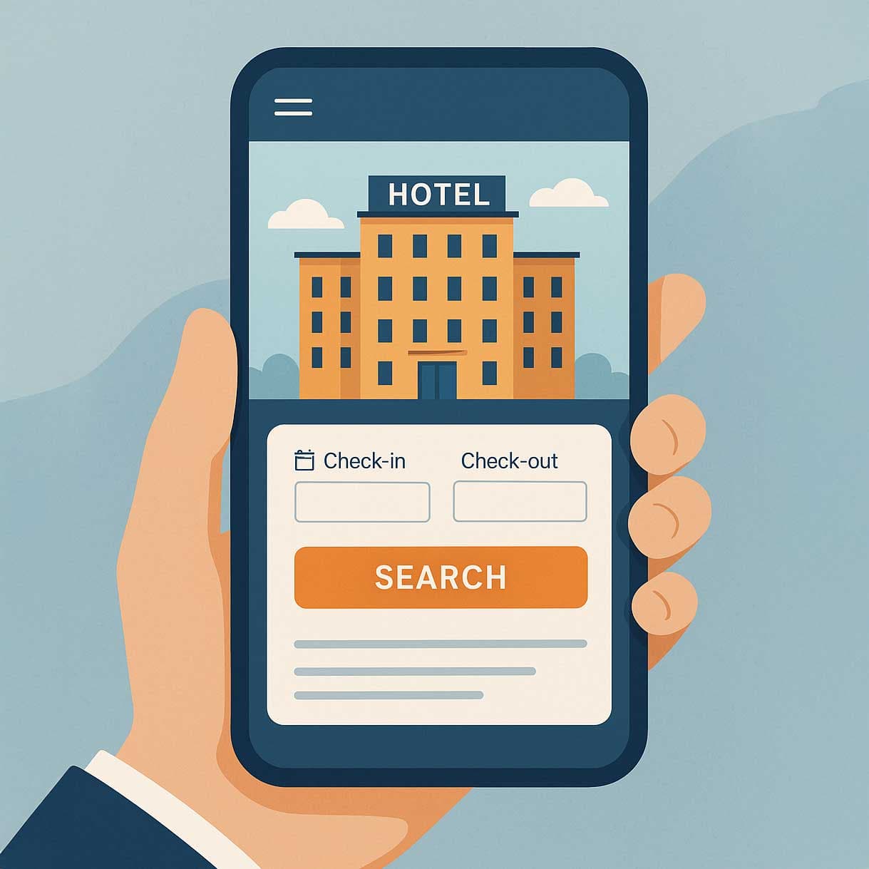 A hand holds a phone showing a hotel booking form with check-in and check-out dates