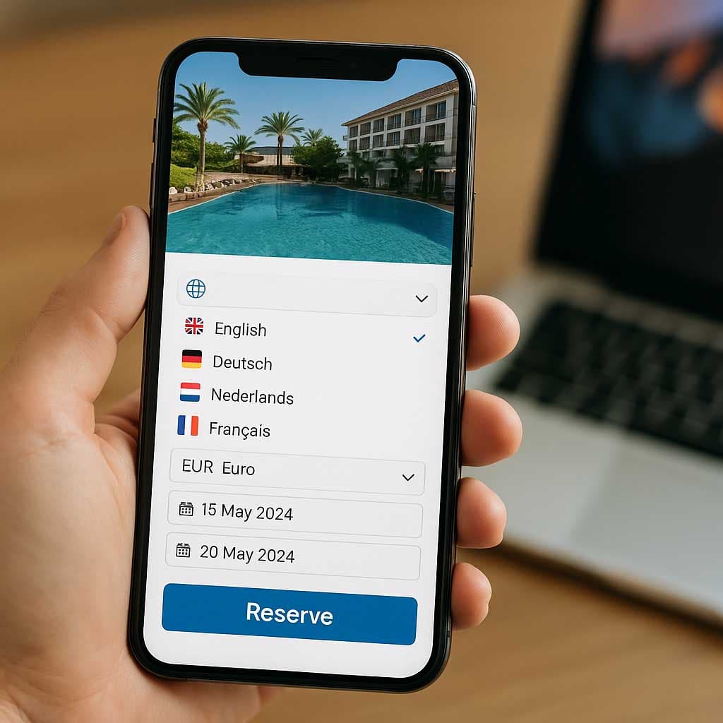A phone showing a hotel booking form with a language menu and a euro currency selector