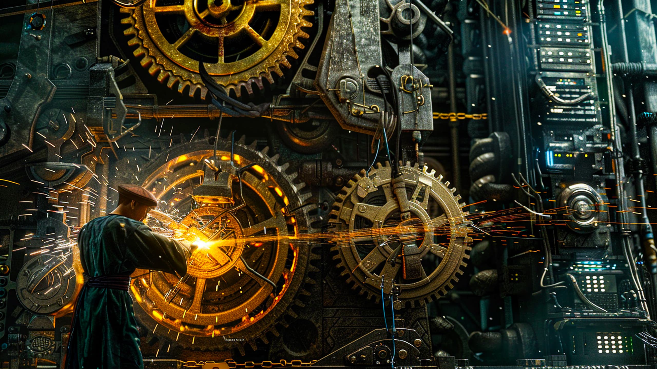 A worker welds giant brass gears inside a complex machine, a metaphor for project management