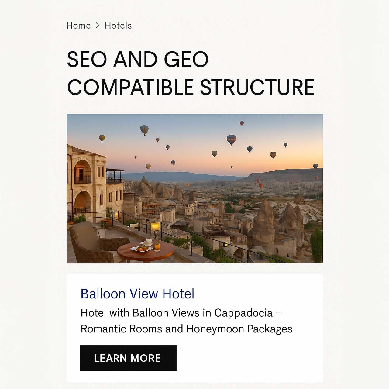 A hotel page with breadcrumbs, a clear heading and a descriptive card, illustrating SEO and GEO structure