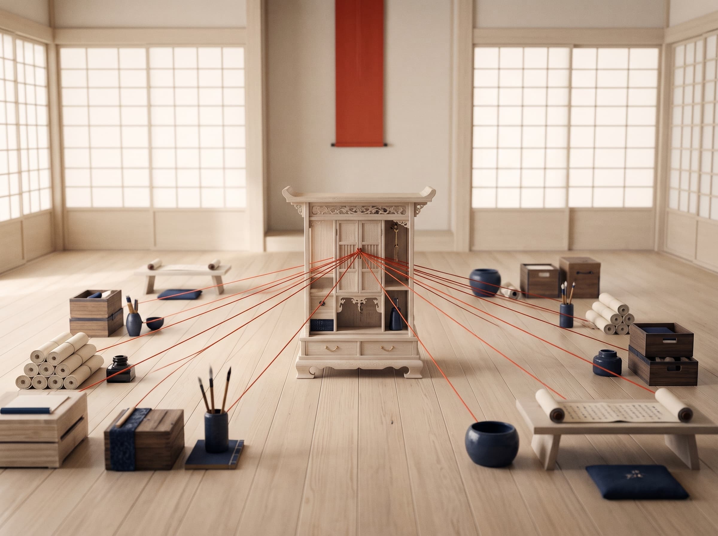 A wooden cabinet in the middle of a room, linked by red threads to boxes, scrolls and ink pots placed around it