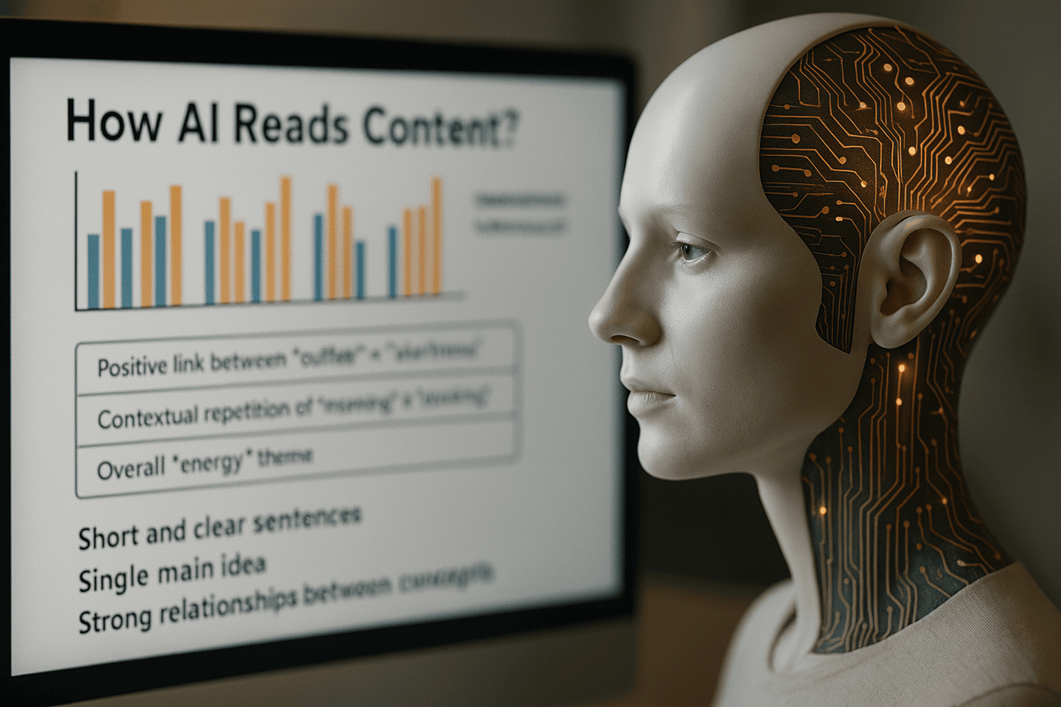 A humanoid figure reads a screen titled “How AI Reads Content?” with short, clear sentences