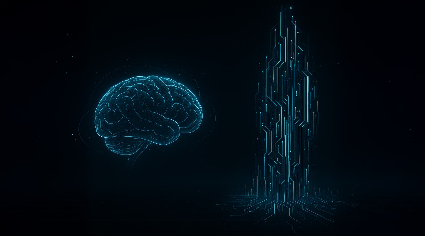 A glowing brain beside a tower of circuit lines, representing the future of RAG and LLMs