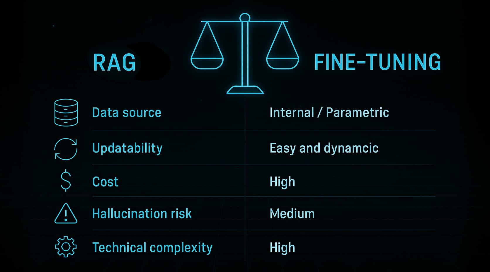 Comparison table of RAG and fine-tuning: data source, updatability, cost, hallucination risk, complexity