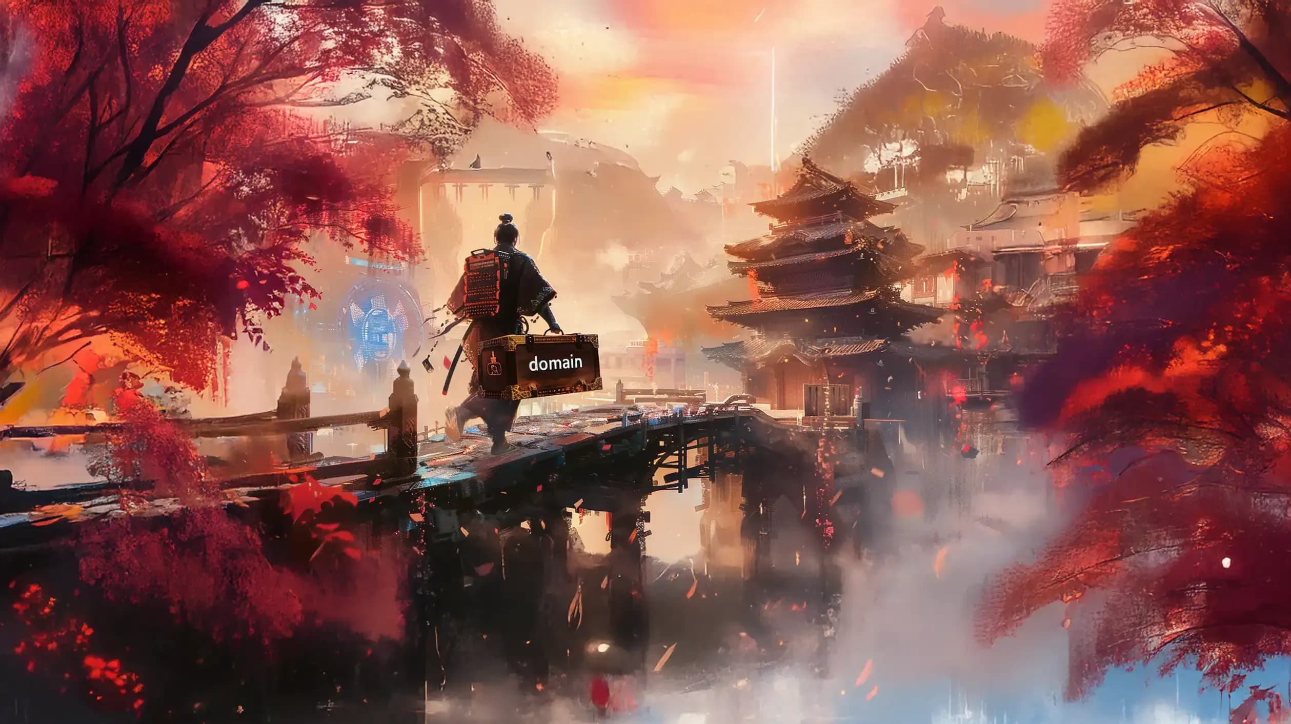 A traveller carrying a box labelled “domain” crosses a bridge toward a new pagoda town