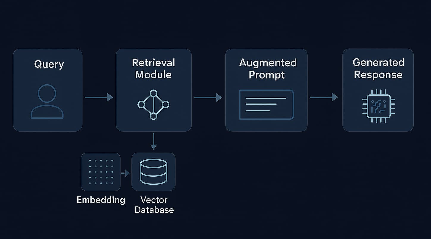 A typical RAG pipeline: query, retrieval module with embeddings and a vector database, augmented prompt, response
